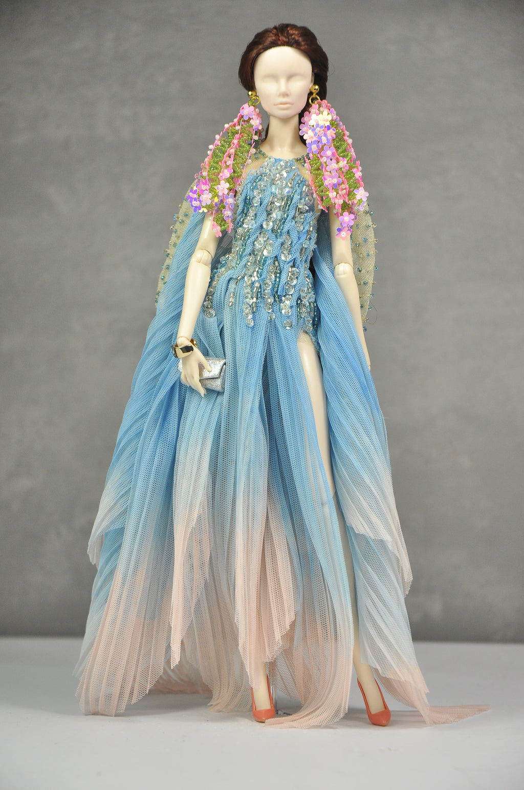 HAUTE | Blue Ombre Beaded Evening Gown Set with Floral Earrings for 1/6 Scale High Fashion Dolls