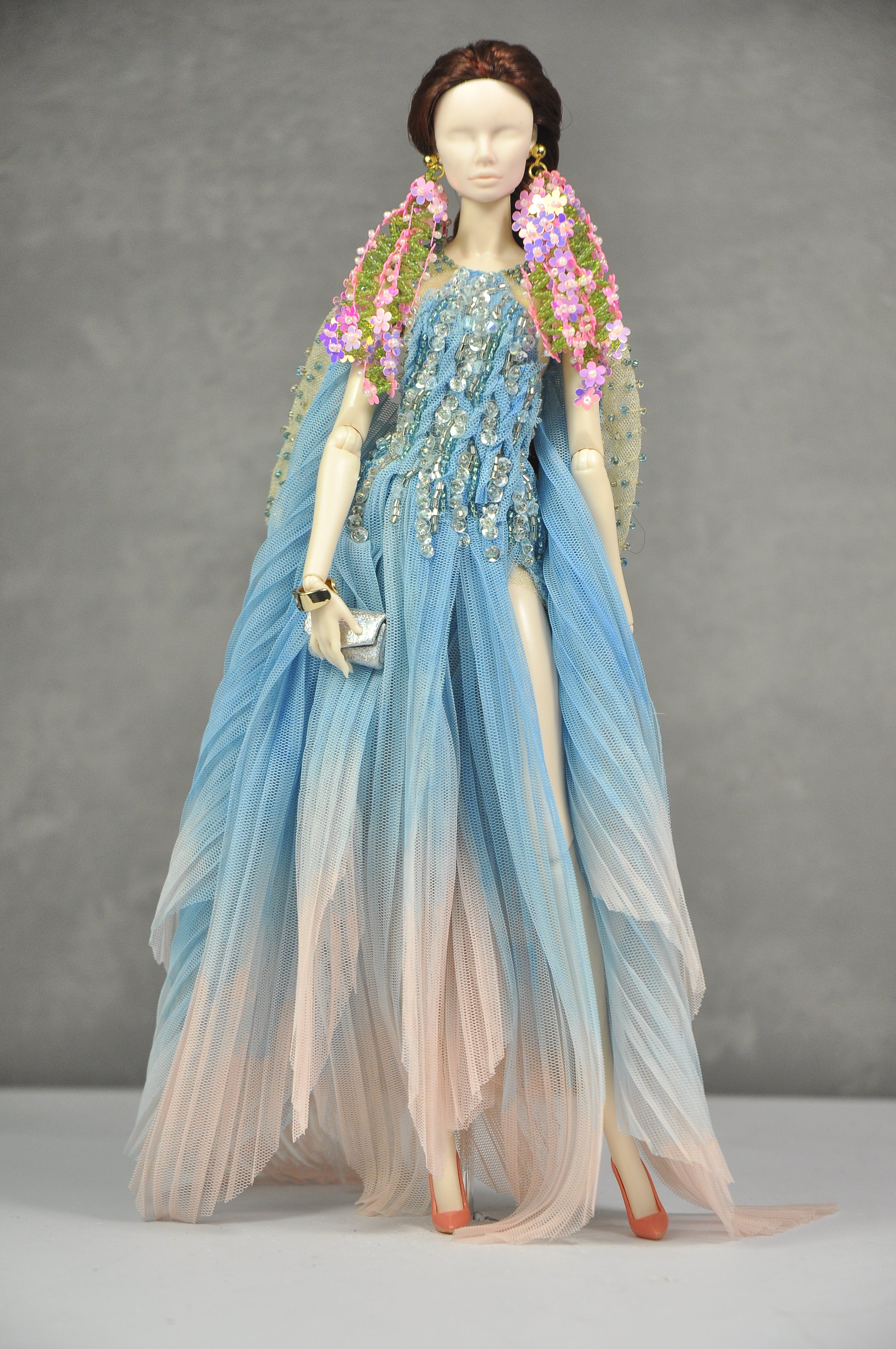 HAUTE | Blue Ombre Beaded Evening Gown Set with Floral Earrings for 1/6 Scale High Fashion Dolls