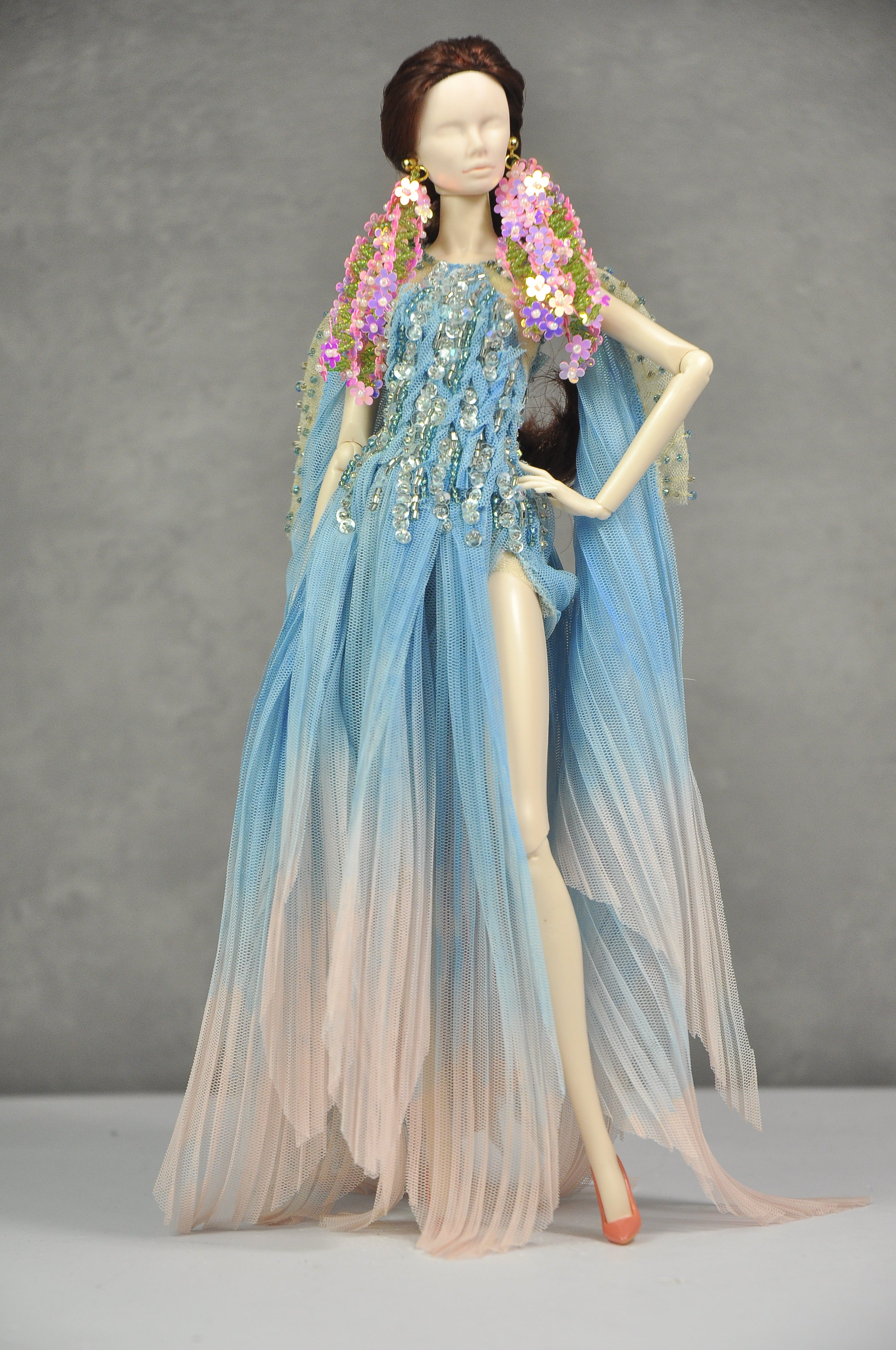 HAUTE | Blue Ombre Beaded Evening Gown Set with Floral Earrings for 1/6 Scale High Fashion Dolls