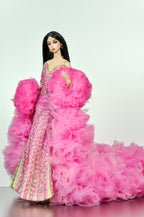 OOAK | Pink Jubilee Crystal Couture Gown for 1/6 Scale Fashion Dolls – Handmade Beaded Evening Dress with Dramatic Tulle Train - Platiktiara