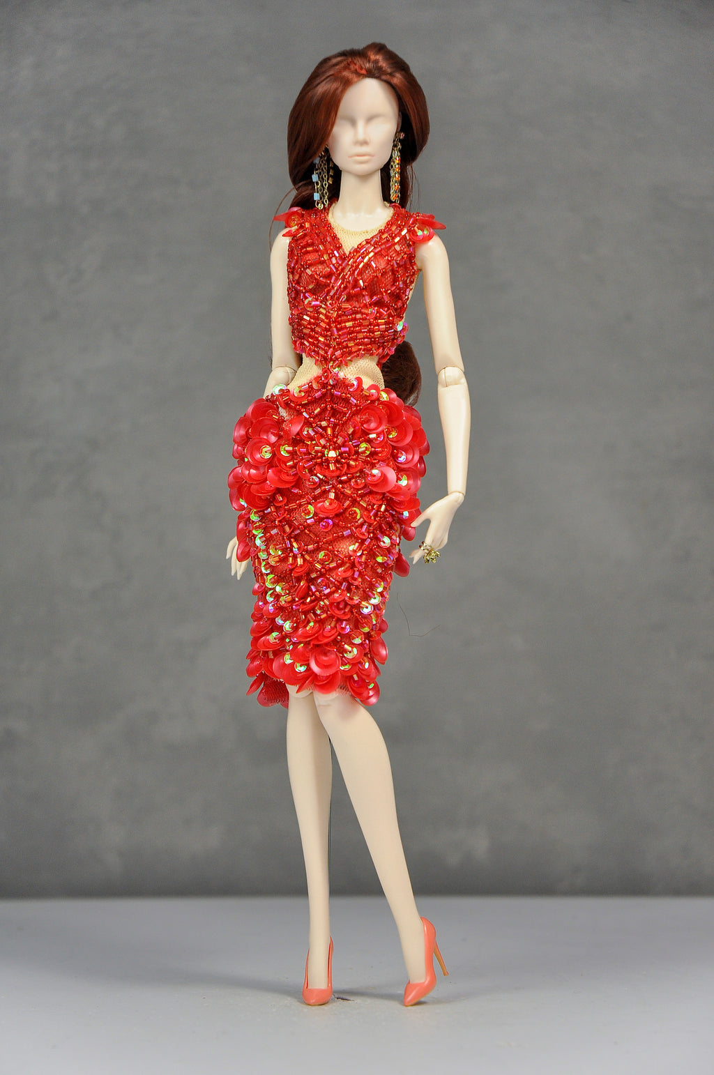 HAUTE | Scarlet Ember Beaded Cocktail Dress Luxury Handmade High-Fashion Outfit for 1/6 Scale Dolls