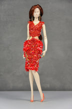 HAUTE | Scarlet Ember Beaded Cocktail Dress Luxury Handmade High-Fashion Outfit for 1/6 Scale Dolls