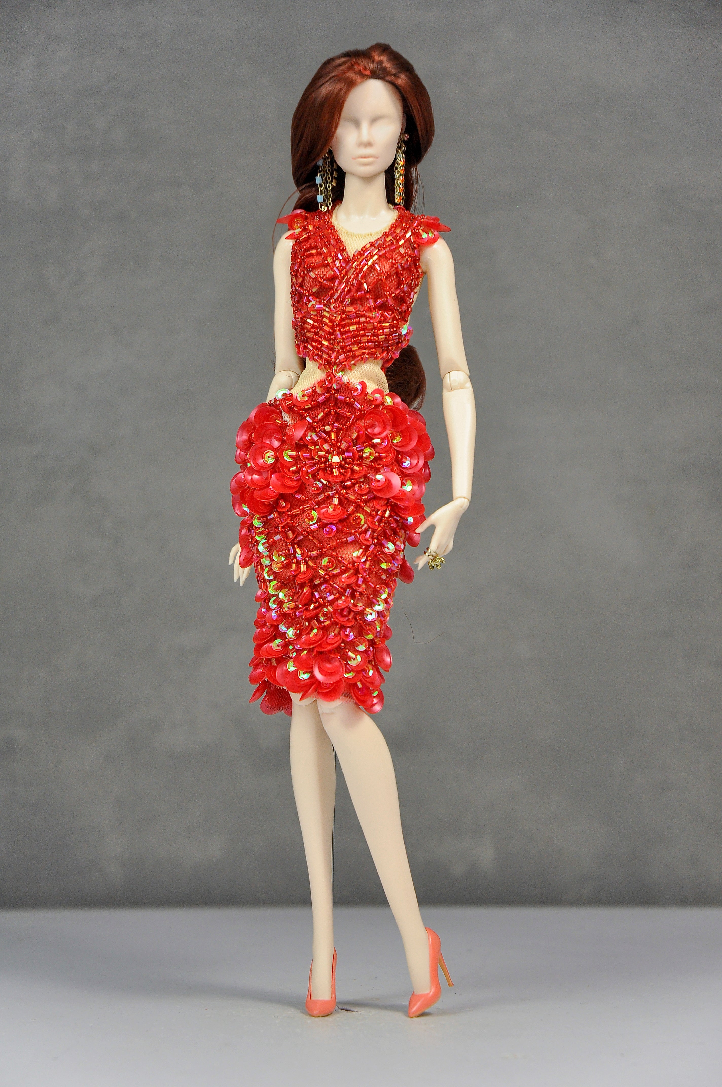 HAUTE | Scarlet Ember Beaded Cocktail Dress Luxury Handmade High-Fashion Outfit for 1/6 Scale Dolls