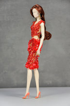 HAUTE | Scarlet Ember Beaded Cocktail Dress Luxury Handmade High-Fashion Outfit for 1/6 Scale Dolls