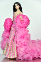OOAK | Pink Jubilee Crystal Couture Gown for 1/6 Scale Fashion Dolls – Handmade Beaded Evening Dress with Dramatic Tulle Train - Platiktiara