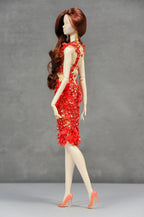 HAUTE | Scarlet Ember Beaded Cocktail Dress Luxury Handmade High-Fashion Outfit for 1/6 Scale Dolls
