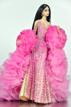 OOAK | Pink Jubilee Crystal Couture Gown for 1/6 Scale Fashion Dolls – Handmade Beaded Evening Dress with Dramatic Tulle Train - Platiktiara