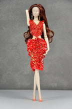 HAUTE | Scarlet Ember Beaded Cocktail Dress Luxury Handmade High-Fashion Outfit for 1/6 Scale Dolls