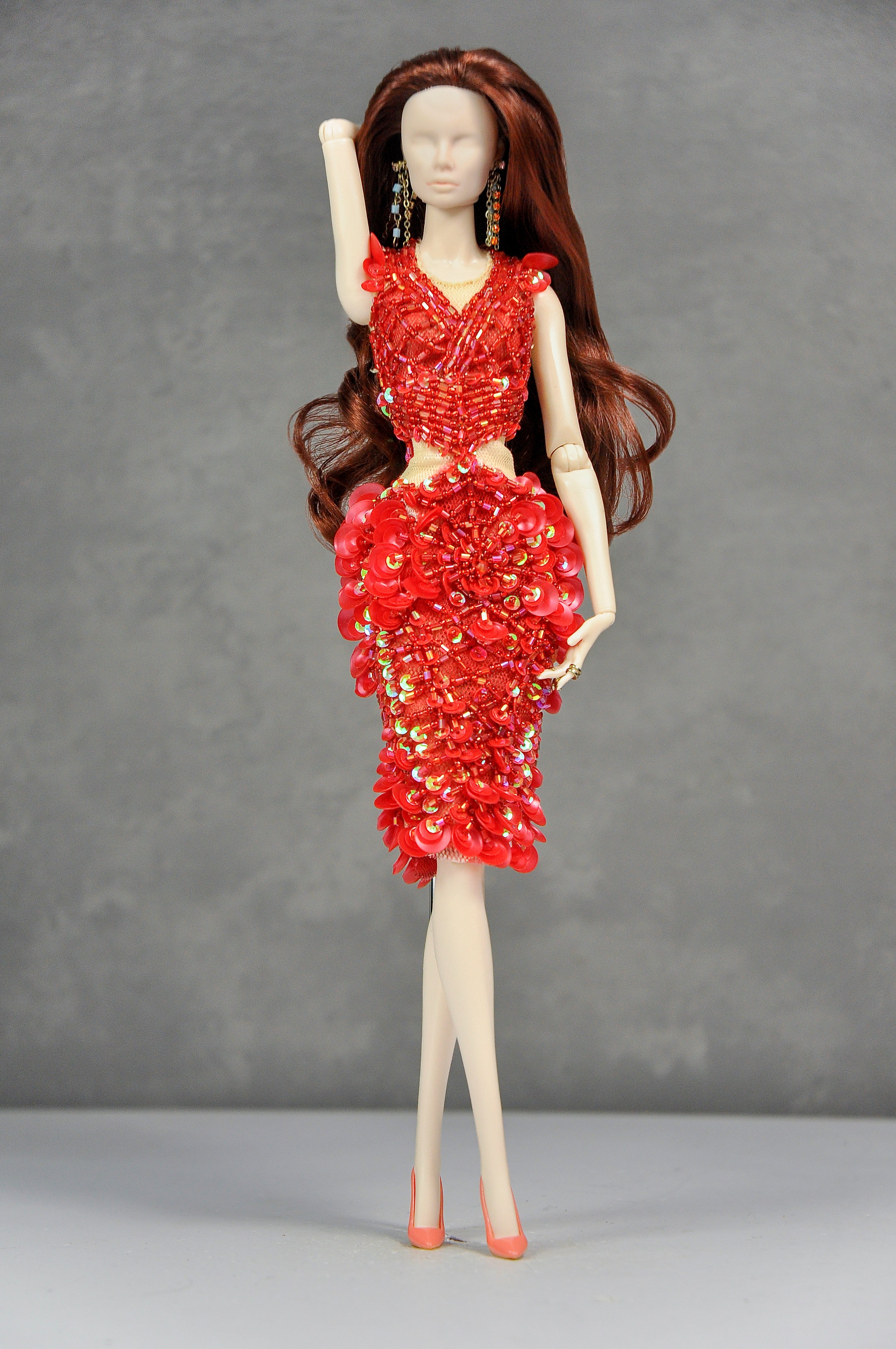 HAUTE | Scarlet Ember Beaded Cocktail Dress Luxury Handmade High-Fashion Outfit for 1/6 Scale Dolls