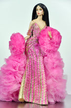 OOAK | Pink Jubilee Crystal Couture Gown for 1/6 Scale Fashion Dolls – Handmade Beaded Evening Dress with Dramatic Tulle Train - Platiktiara