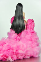 OOAK | Pink Jubilee Crystal Couture Gown for 1/6 Scale Fashion Dolls – Handmade Beaded Evening Dress with Dramatic Tulle Train - Platiktiara