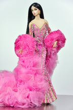 OOAK | Pink Jubilee Crystal Couture Gown for 1/6 Scale Fashion Dolls – Handmade Beaded Evening Dress with Dramatic Tulle Train - Platiktiara