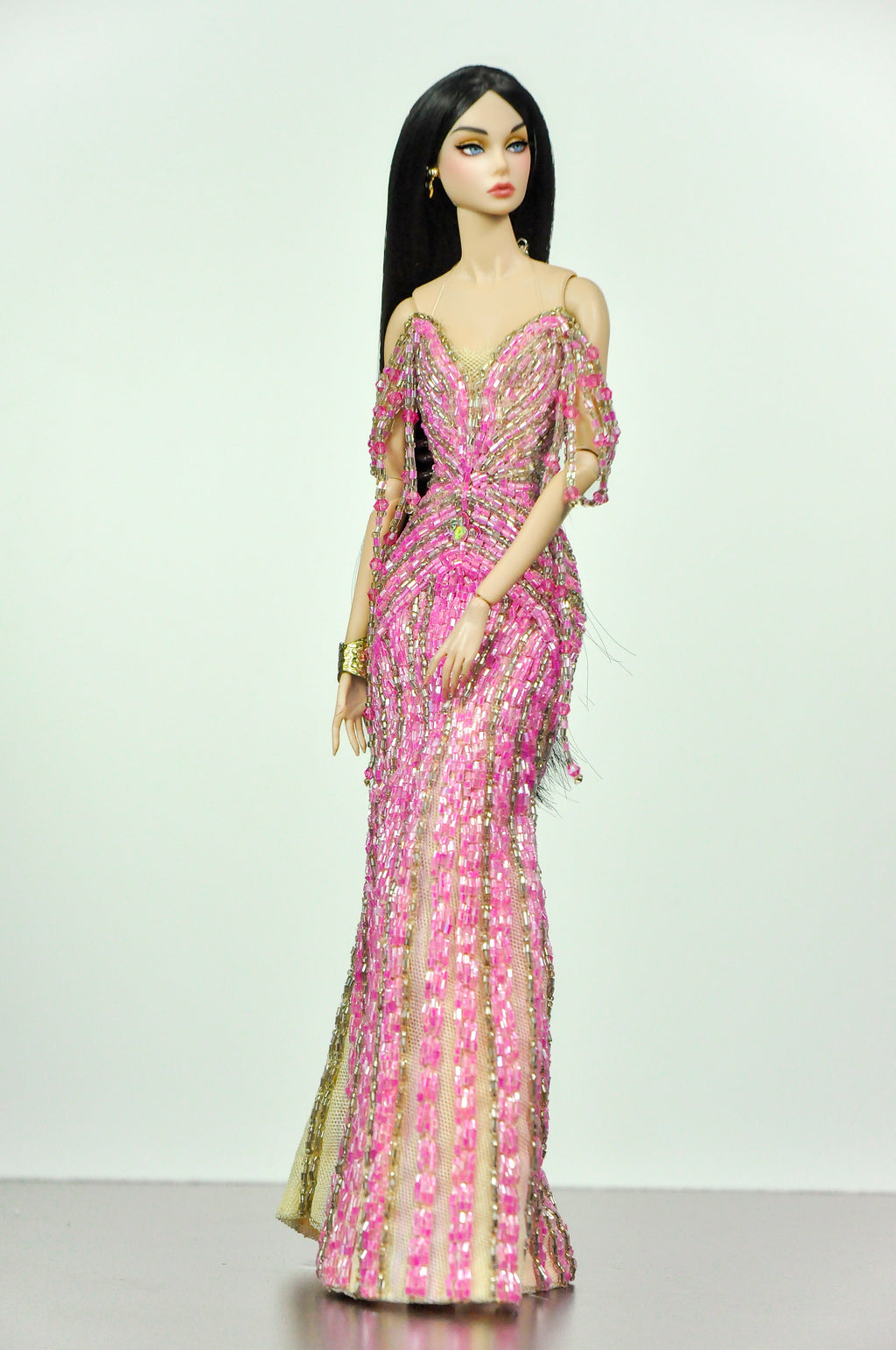 OOAK | Pink Jubilee Crystal Couture Gown for 1/6 Scale Fashion Dolls – Handmade Beaded Evening Dress with Dramatic Tulle Train - Platiktiara