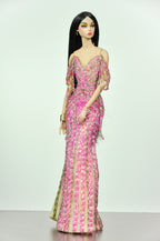 OOAK | Pink Jubilee Crystal Couture Gown for 1/6 Scale Fashion Dolls – Handmade Beaded Evening Dress with Dramatic Tulle Train - Platiktiara