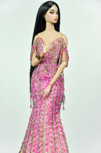 OOAK | Pink Jubilee Crystal Couture Gown for 1/6 Scale Fashion Dolls – Handmade Beaded Evening Dress with Dramatic Tulle Train - Platiktiara