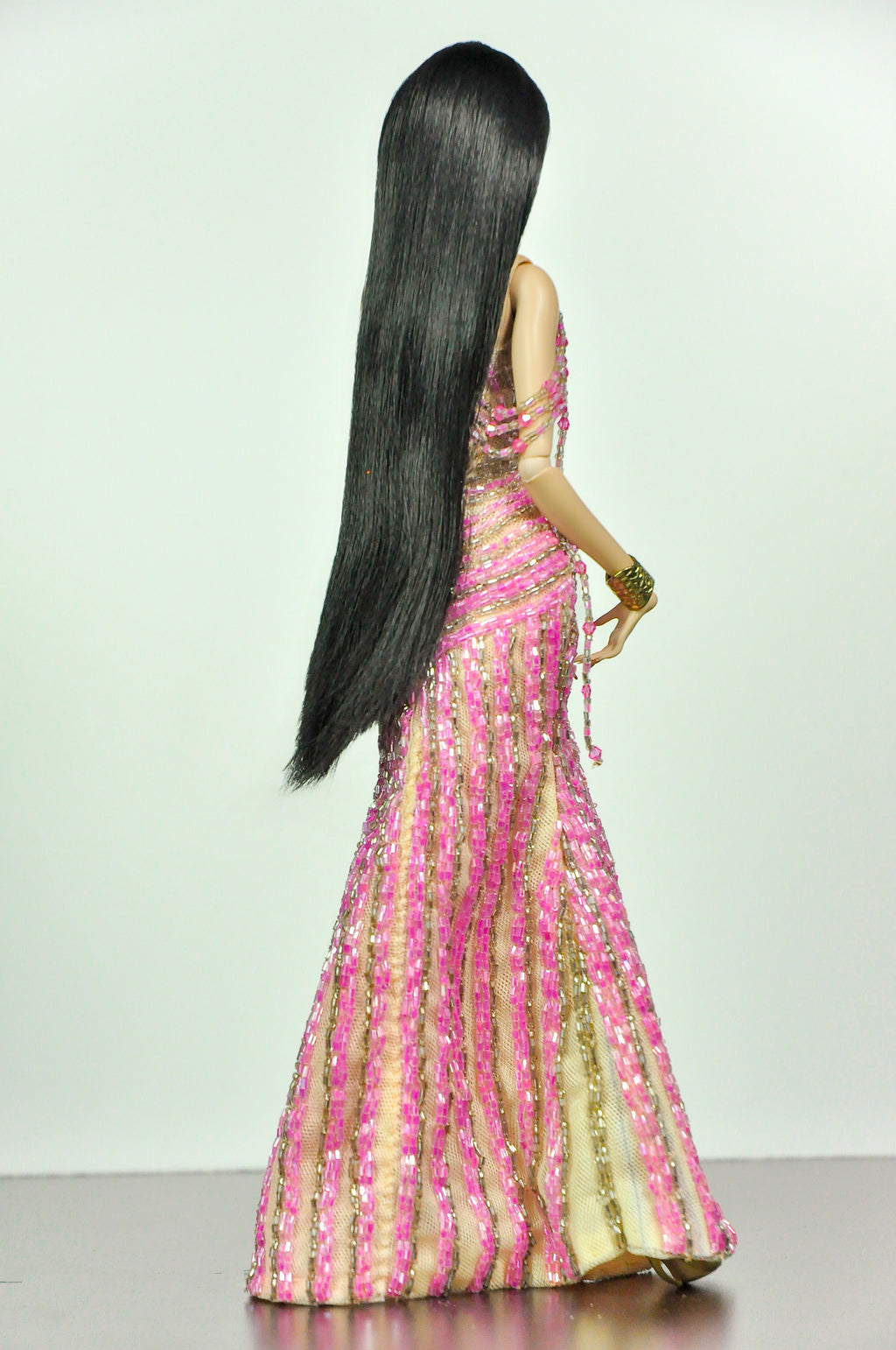 OOAK | Pink Jubilee Crystal Couture Gown for 1/6 Scale Fashion Dolls – Handmade Beaded Evening Dress with Dramatic Tulle Train - Platiktiara