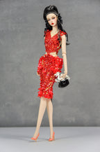 HAUTE | Scarlet Ember Beaded Cocktail Dress Luxury Handmade High-Fashion Outfit for 1/6 Scale Dolls