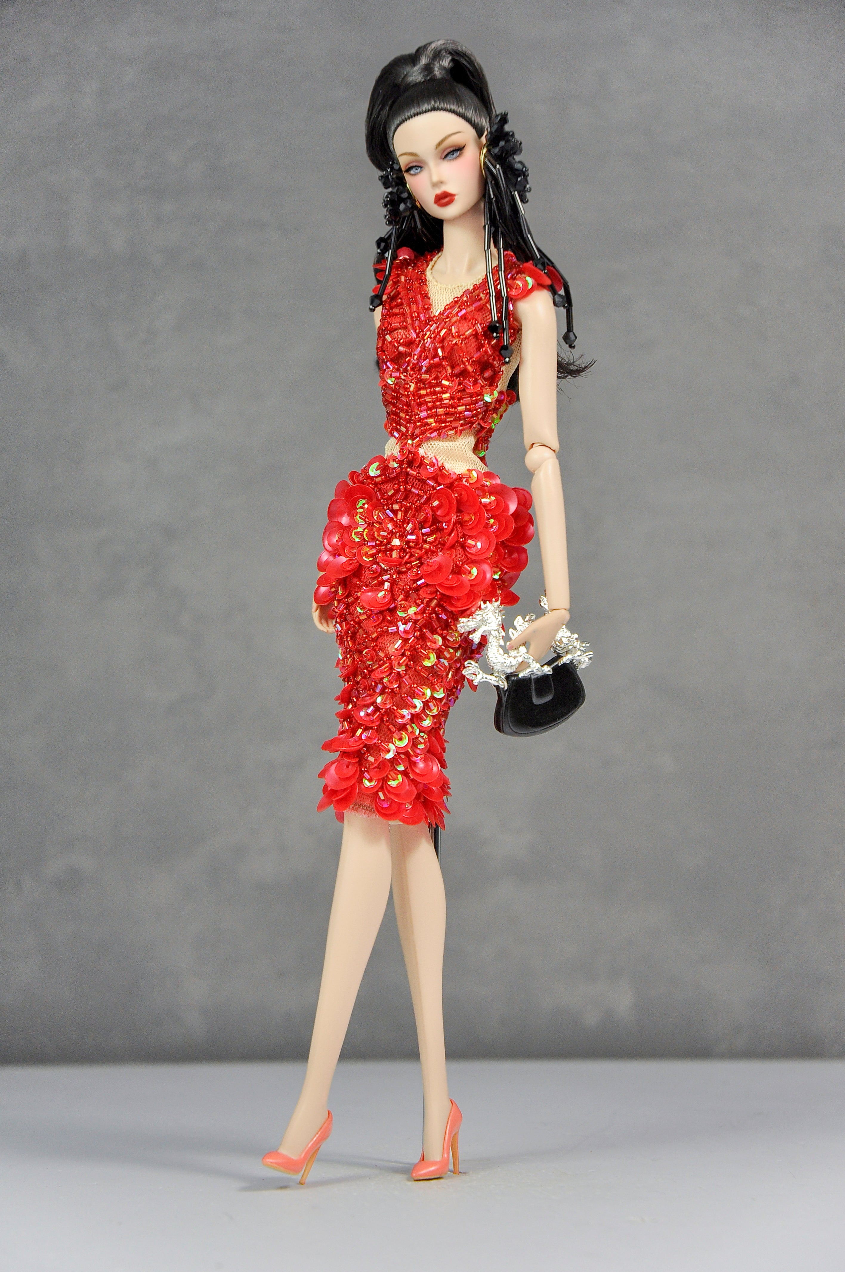 HAUTE | Scarlet Ember Beaded Cocktail Dress Luxury Handmade High-Fashion Outfit for 1/6 Scale Dolls