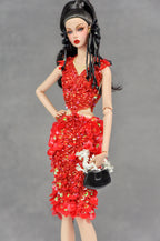 HAUTE | Scarlet Ember Beaded Cocktail Dress Luxury Handmade High-Fashion Outfit for 1/6 Scale Dolls