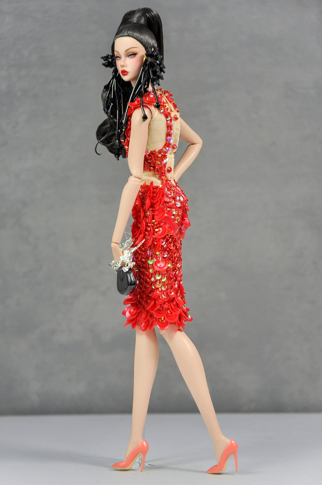 HAUTE | Scarlet Ember Beaded Cocktail Dress Luxury Handmade High-Fashion Outfit for 1/6 Scale Dolls