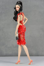 HAUTE | Scarlet Ember Beaded Cocktail Dress Luxury Handmade High-Fashion Outfit for 1/6 Scale Dolls