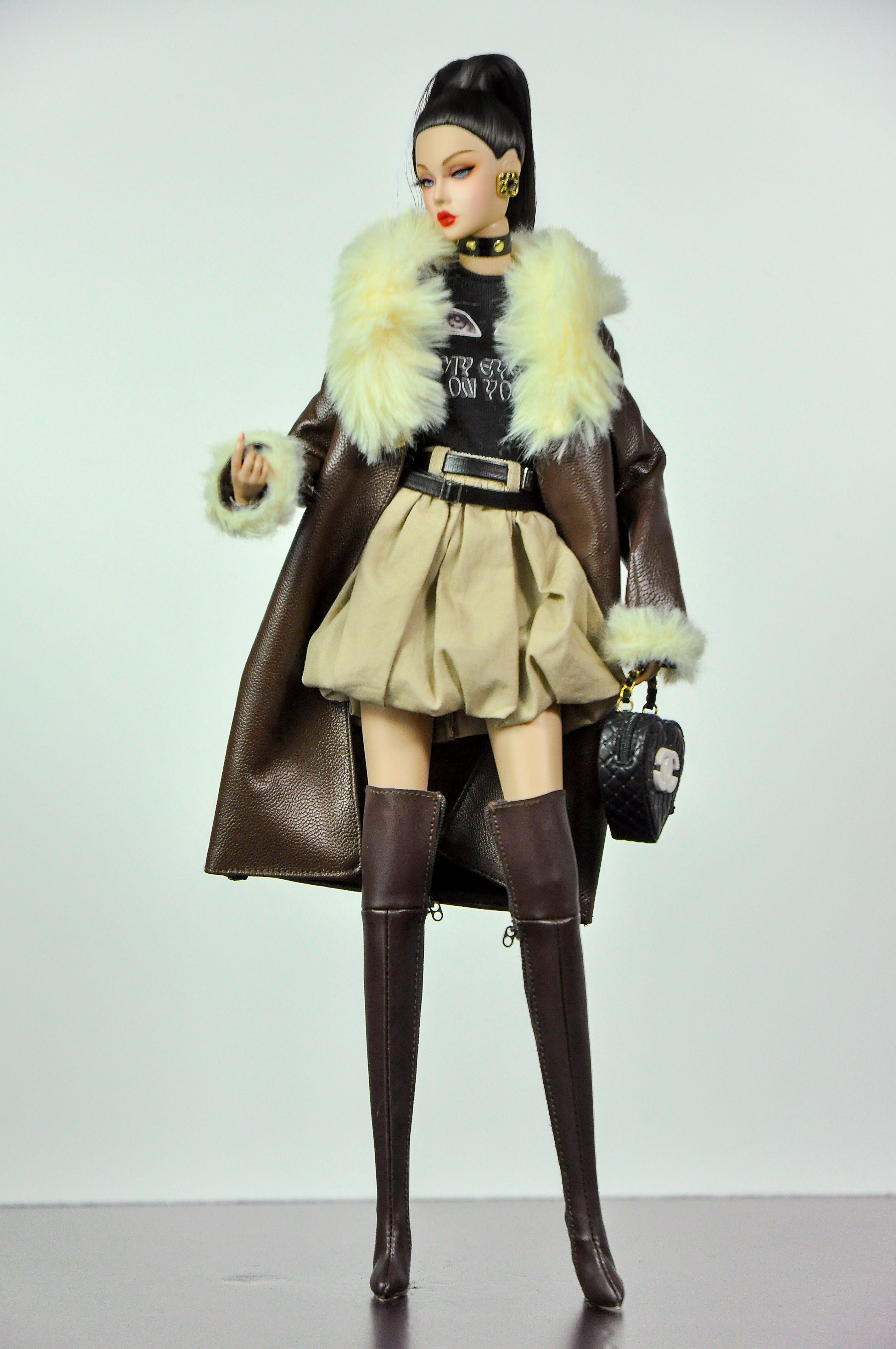 ORDINARY GIRL | Handmade 1/6 Scale Faux Fur Coat, Graphic Tee & Bubble Mini Skirt Outfit | Winter Fashion Doll Clothes for Fashion Royalty & Poppy Parker | Plastiktiara