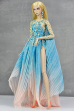 HAUTE | Blue Ombre Beaded Evening Gown Set with Floral Earrings for 1/6 Scale High Fashion Dolls