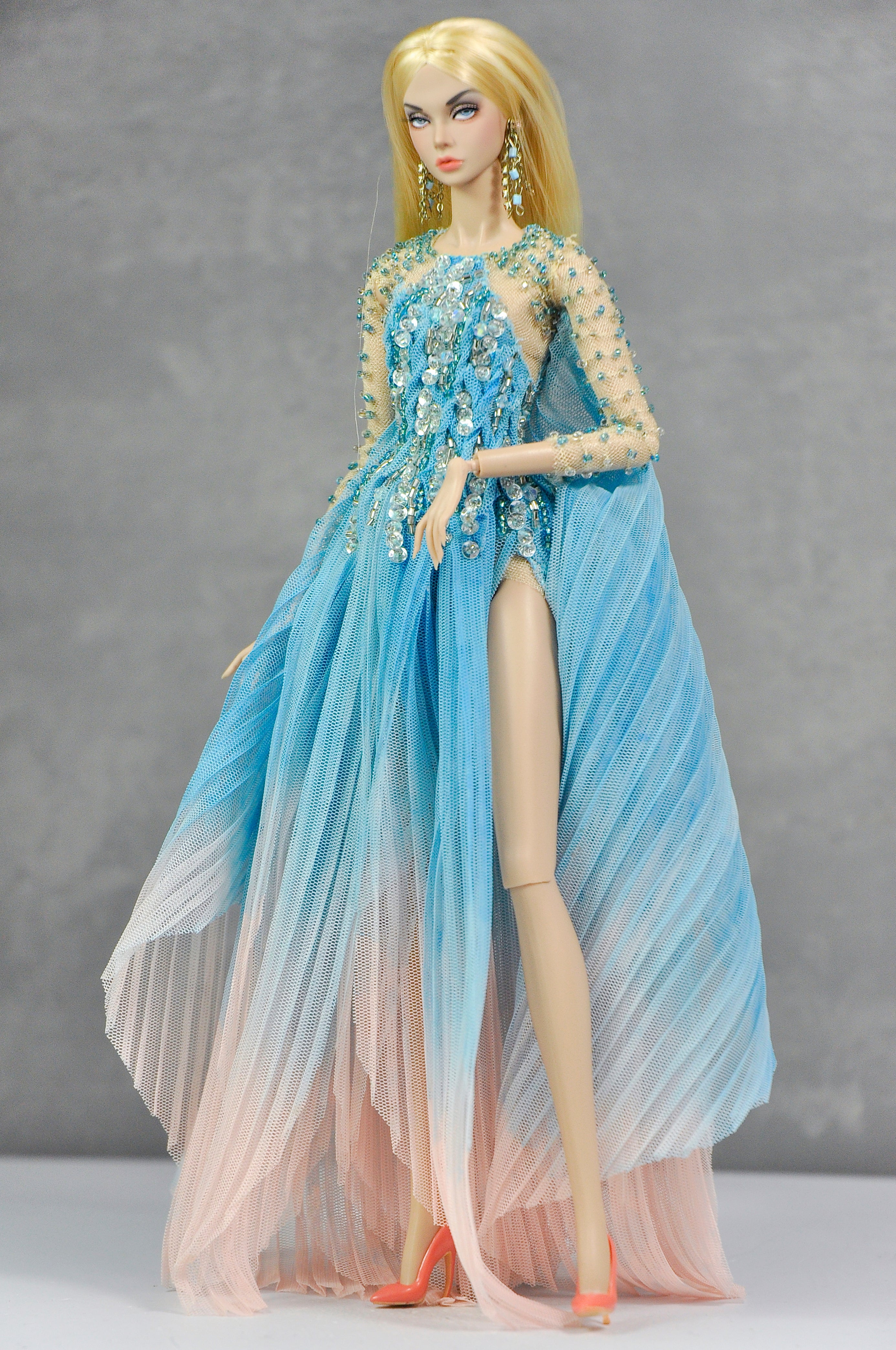 HAUTE | Blue Ombre Beaded Evening Gown Set with Floral Earrings for 1/6 Scale High Fashion Dolls
