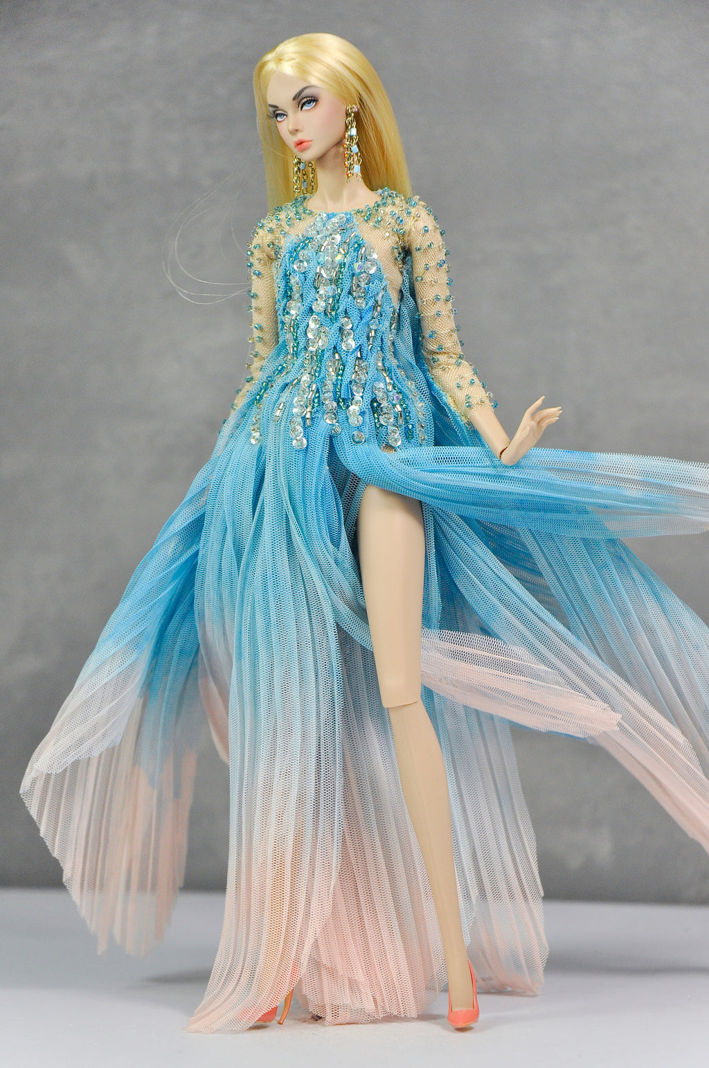 HAUTE | Blue Ombre Beaded Evening Gown Set with Floral Earrings for 1/6 Scale High Fashion Dolls