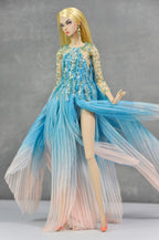 HAUTE | Blue Ombre Beaded Evening Gown Set with Floral Earrings for 1/6 Scale High Fashion Dolls