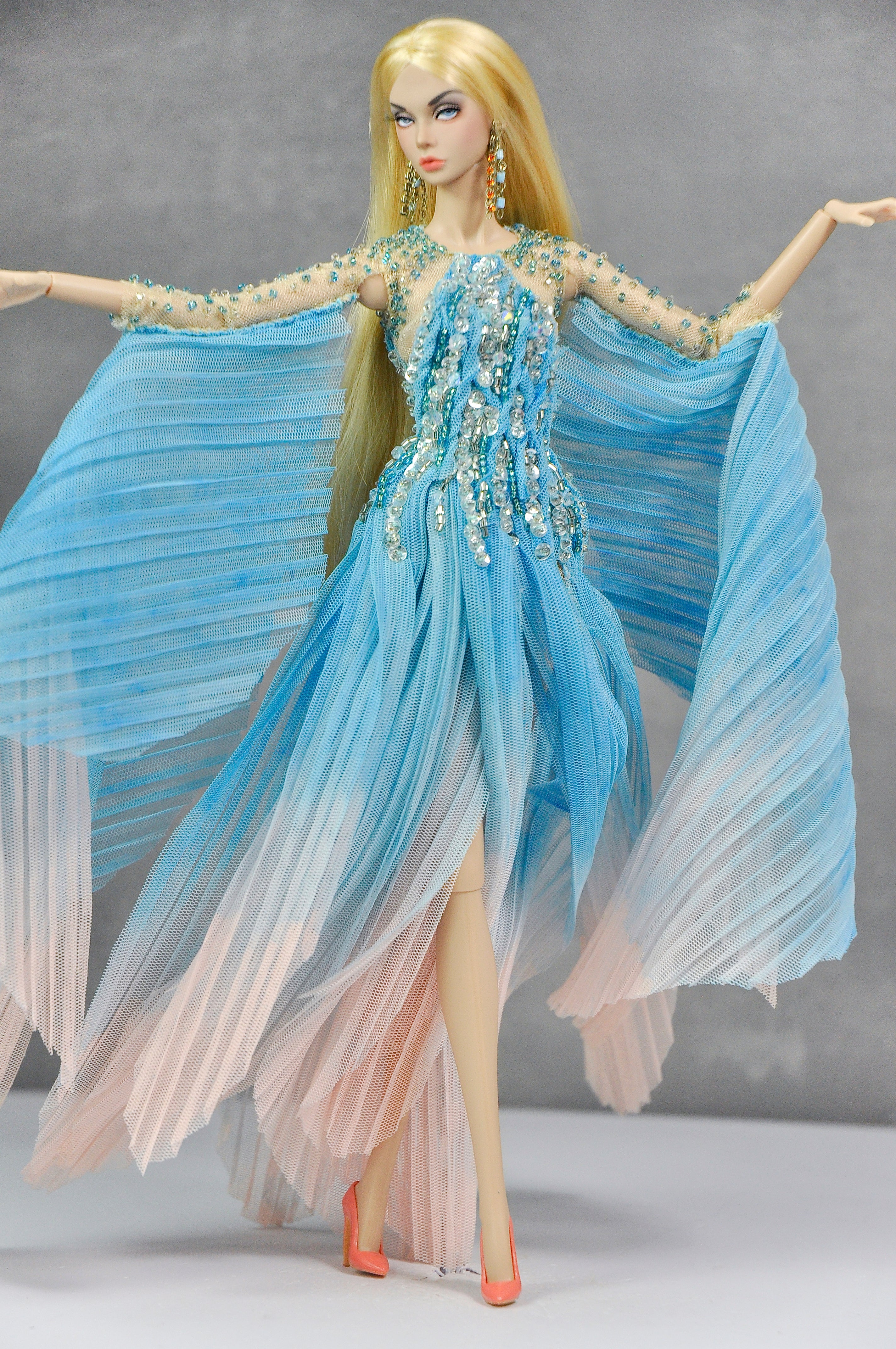 HAUTE | Blue Ombre Beaded Evening Gown Set with Floral Earrings for 1/6 Scale High Fashion Dolls