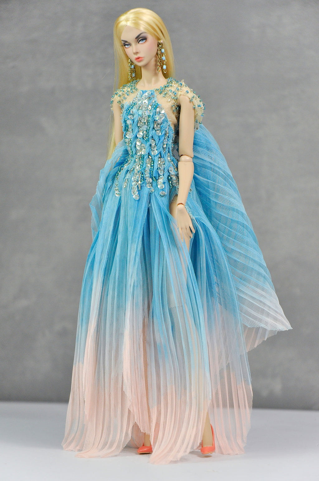 HAUTE | Blue Ombre Beaded Evening Gown Set with Floral Earrings for 1/6 Scale High Fashion Dolls