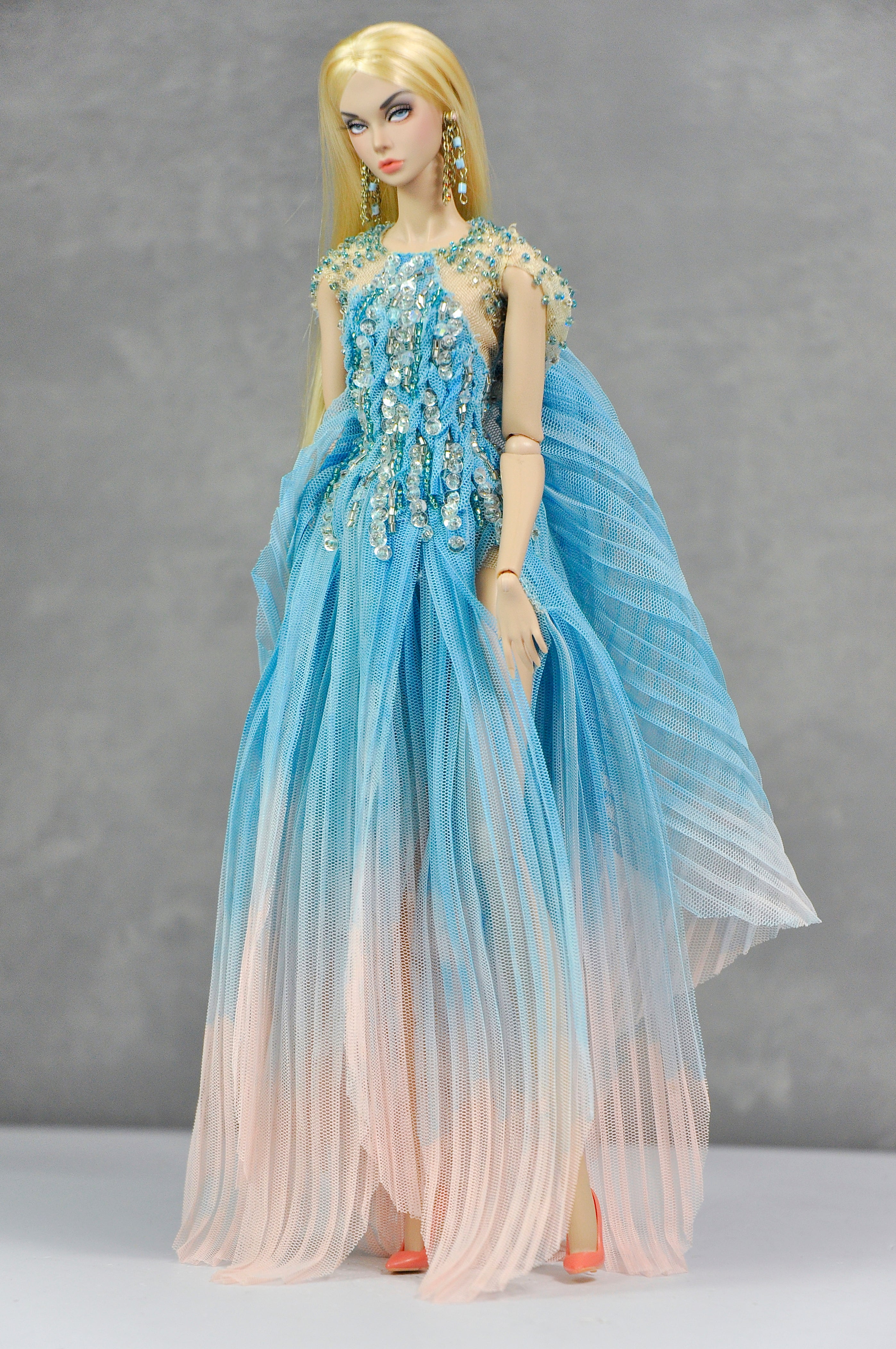 HAUTE | Blue Ombre Beaded Evening Gown Set with Floral Earrings for 1/6 Scale High Fashion Dolls