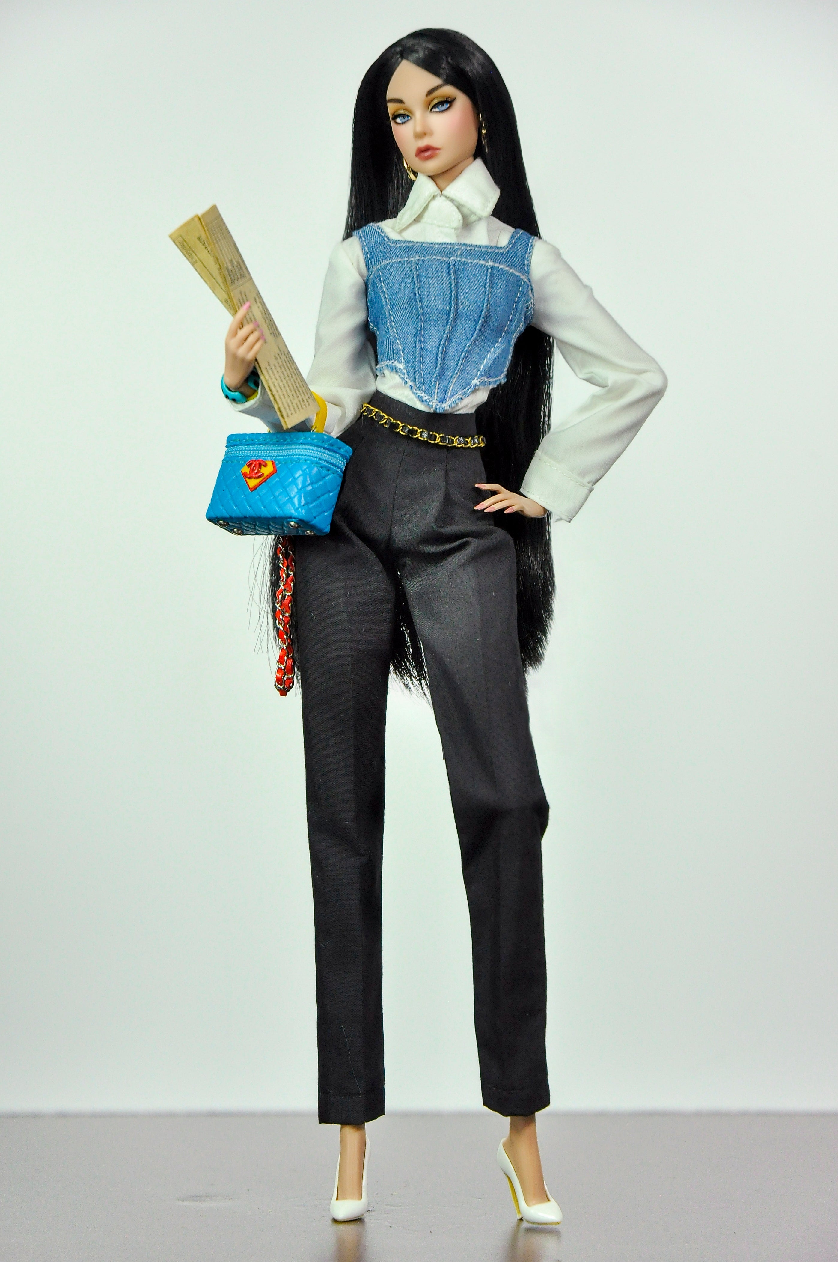 ORDINARY GIRLS | Handmade 1/6 Scale Denim Corset Layered Shirt & Tailored Black Trousers Outfit | Fashion Royalty, Nu.Face, Poppy Parker Doll Clothes | Plastiktiara