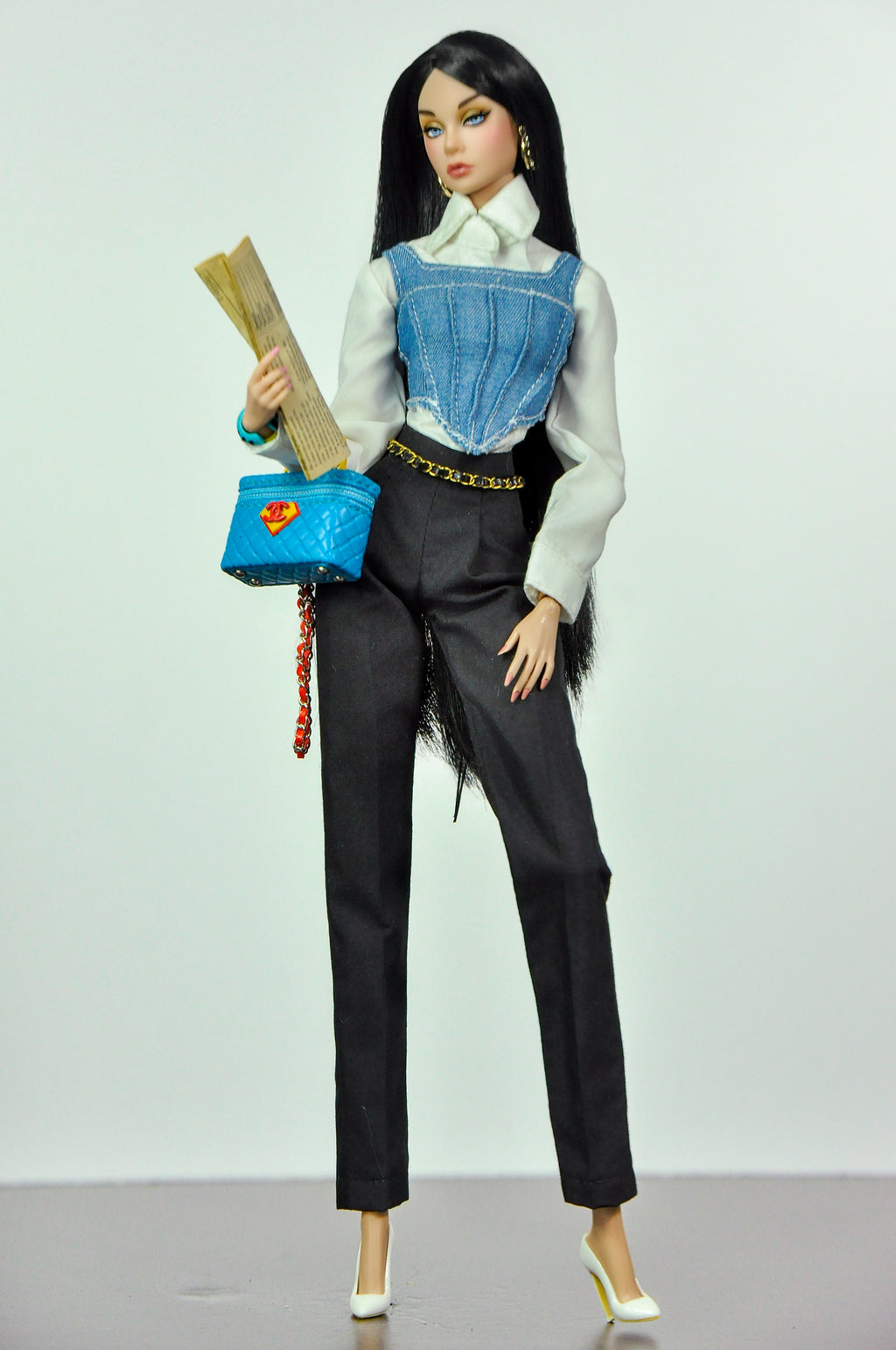 ORDINARY GIRLS | Handmade 1/6 Scale Denim Corset Layered Shirt & Tailored Black Trousers Outfit | Fashion Royalty, Nu.Face, Poppy Parker Doll Clothes | Plastiktiara