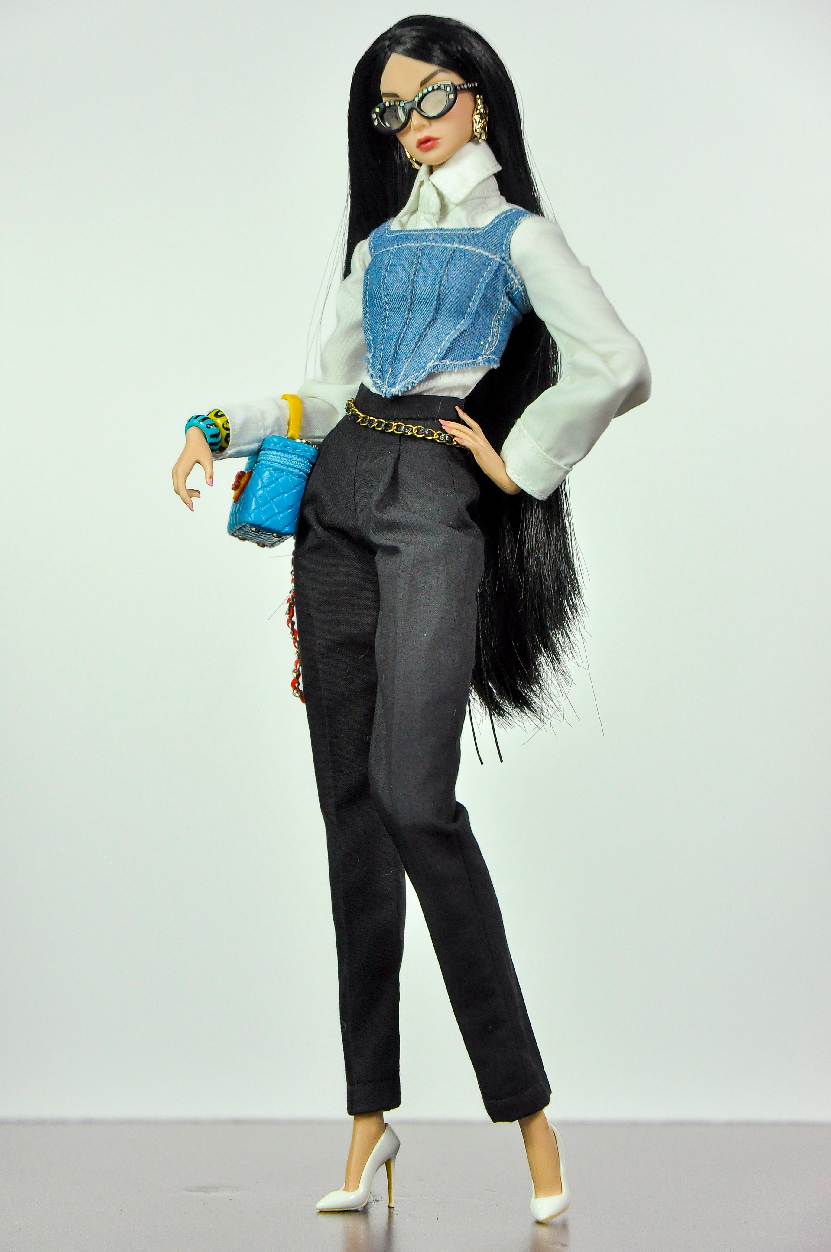 ORDINARY GIRLS | Handmade 1/6 Scale Denim Corset Layered Shirt & Tailored Black Trousers Outfit | Fashion Royalty, Nu.Face, Poppy Parker Doll Clothes | Plastiktiara