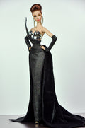 BASIC | Black One Shoulder Gown with Cape for 1/6 Fashion Dolls | Handmade Couture Dress with Metal Armor Bodice | Plastiktiara