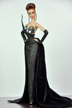 BASIC | Black One Shoulder Gown with Cape for 1/6 Fashion Dolls | Handmade Couture Dress with Metal Armor Bodice | Plastiktiara