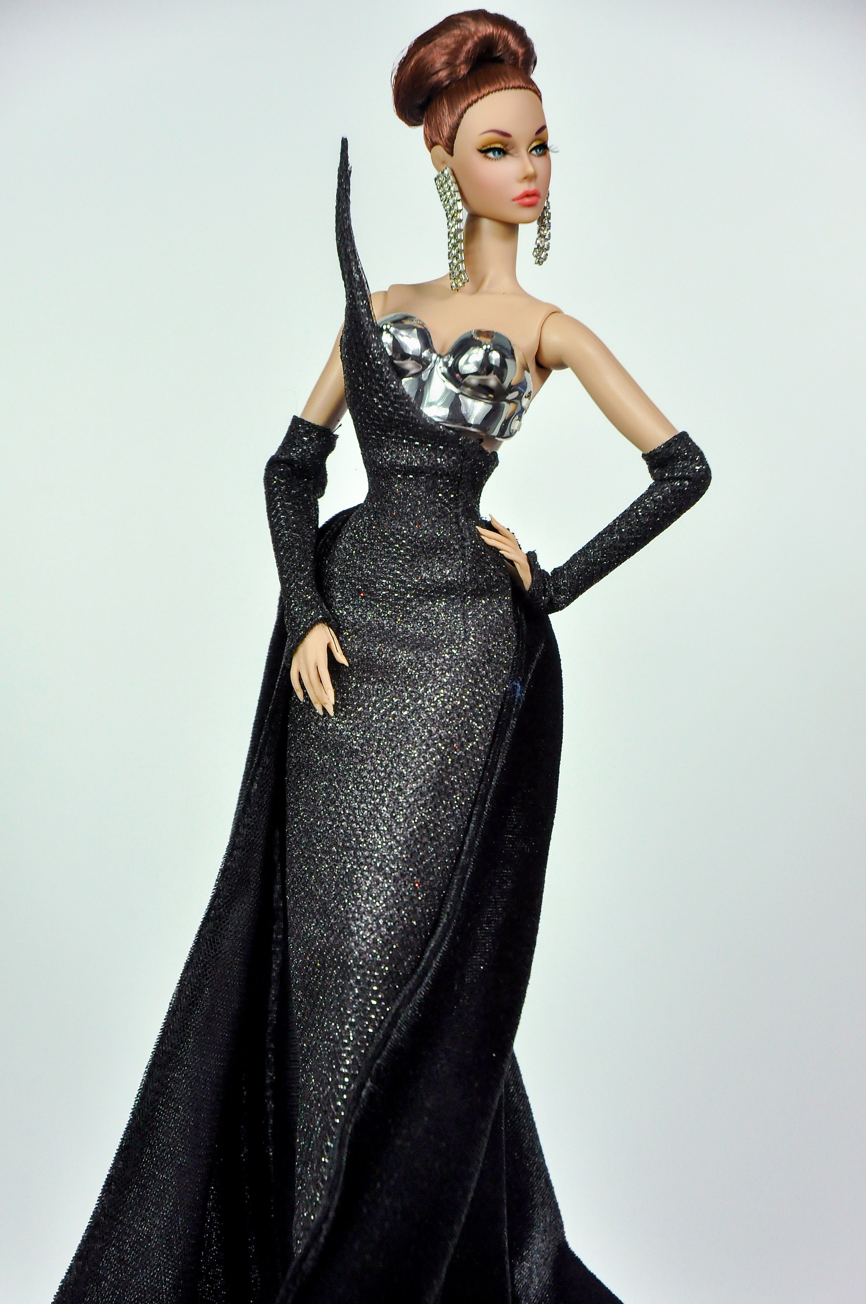 BASIC | Black One Shoulder Gown with Cape for 1/6 Fashion Dolls | Handmade Couture Dress with Metal Armor Bodice | Plastiktiara