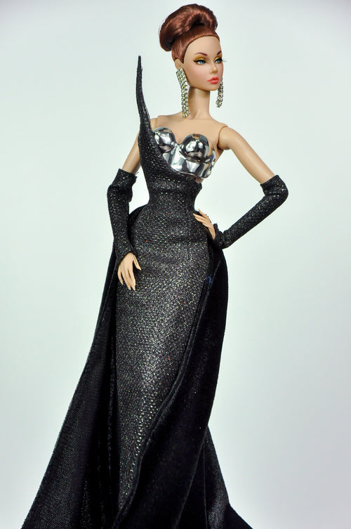 BASIC | Black One Shoulder Gown with Cape for 1/6 Fashion Dolls | Handmade Couture Dress with Metal Armor Bodice | Plastiktiara