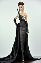 BASIC | Black One Shoulder Gown with Cape for 1/6 Fashion Dolls | Handmade Couture Dress with Metal Armor Bodice | Plastiktiara