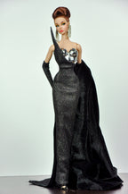 BASIC | Black One Shoulder Gown with Cape for 1/6 Fashion Dolls | Handmade Couture Dress with Metal Armor Bodice | Plastiktiara