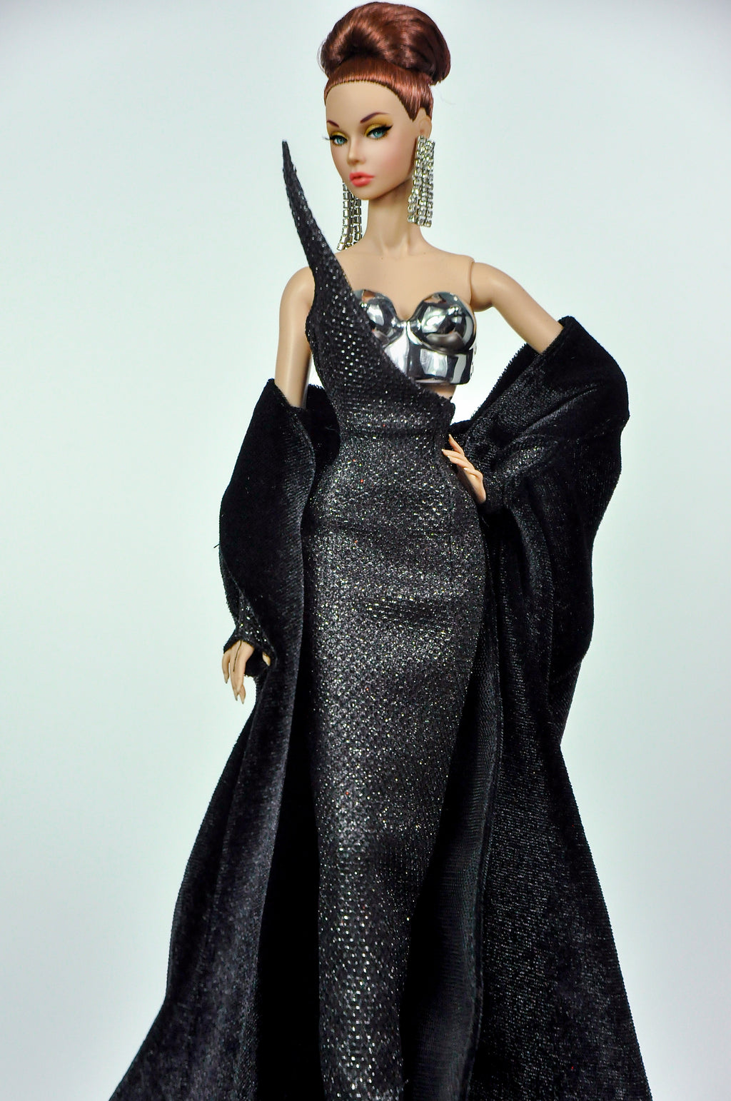BASIC | Black One Shoulder Gown with Cape for 1/6 Fashion Dolls | Handmade Couture Dress with Metal Armor Bodice | Plastiktiara
