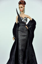 BASIC | Black One Shoulder Gown with Cape for 1/6 Fashion Dolls | Handmade Couture Dress with Metal Armor Bodice | Plastiktiara