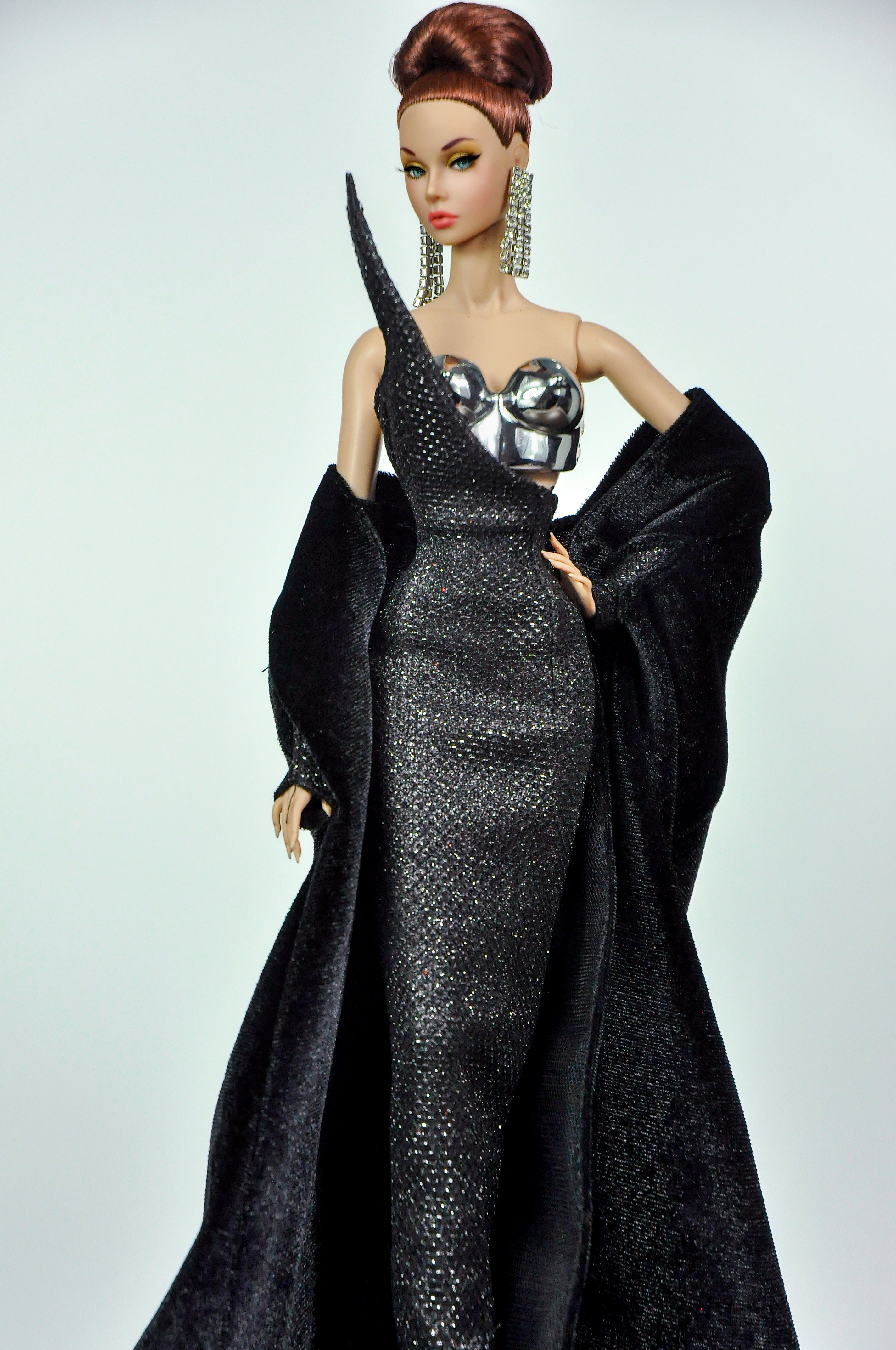 BASIC | Black One Shoulder Gown with Cape for 1/6 Fashion Dolls | Handmade Couture Dress with Metal Armor Bodice | Plastiktiara