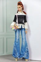 MODERN SENSUAL |Casual Chic Denim Set for 1/6 Doll Clothes – Layered Off Shoulder Top & Wide Leg Distressed Jeans – Plastik Tiara