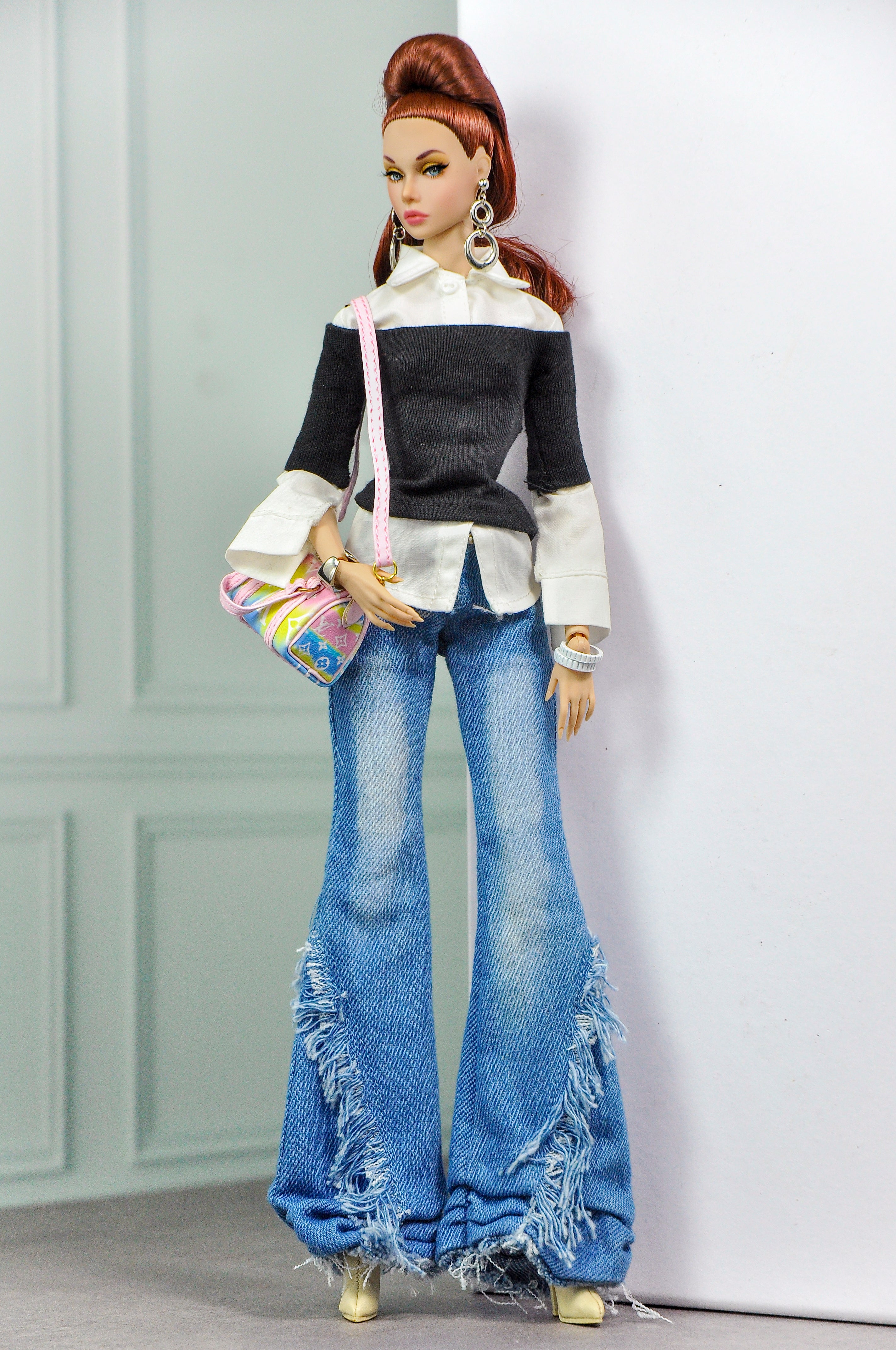 MODERN SENSUAL |Casual Chic Denim Set for 1/6 Doll Clothes – Layered Off Shoulder Top & Wide Leg Distressed Jeans – Plastik Tiara