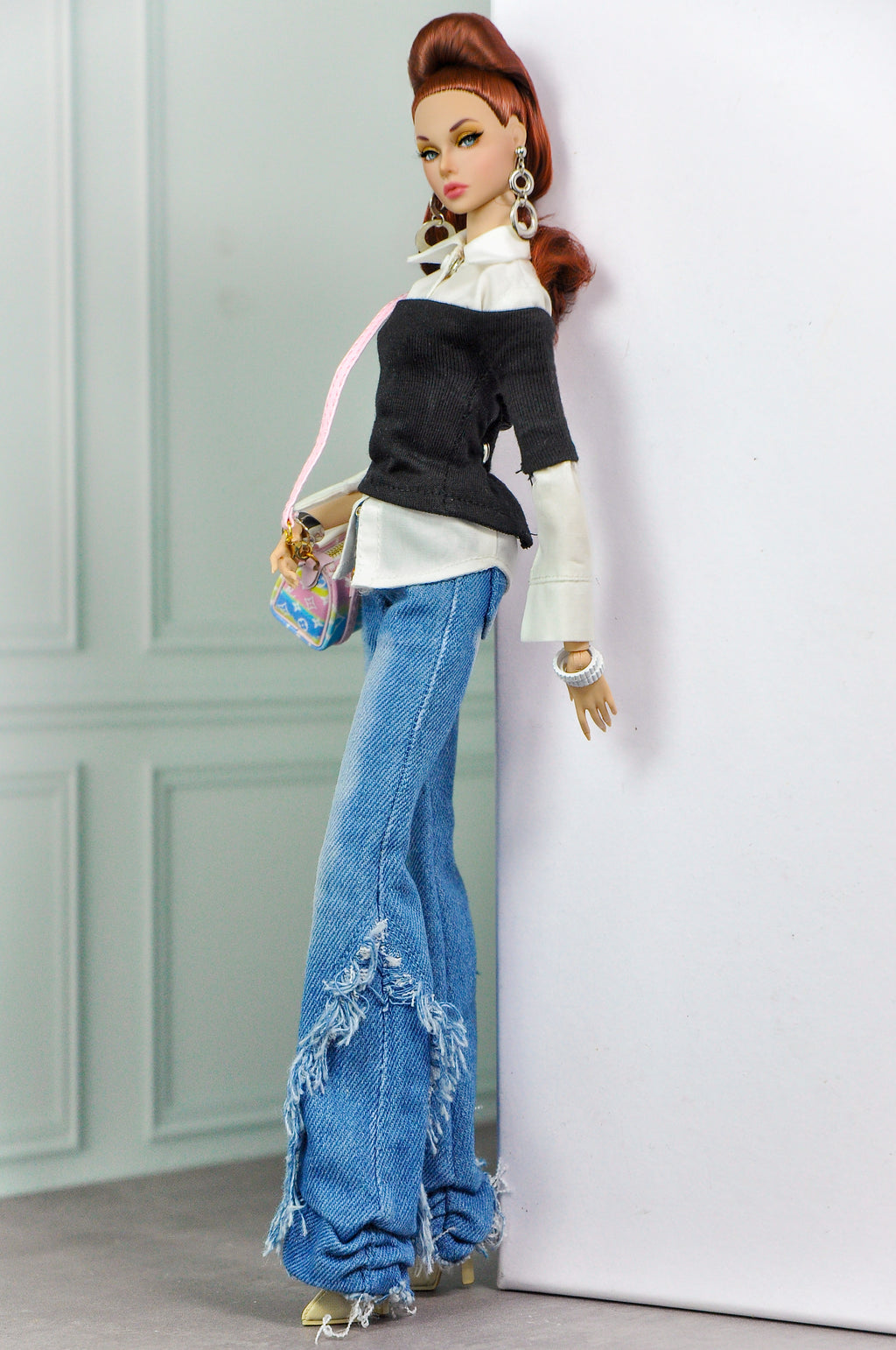 MODERN SENSUAL |Casual Chic Denim Set for 1/6 Doll Clothes – Layered Off Shoulder Top & Wide Leg Distressed Jeans – Plastik Tiara