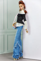 MODERN SENSUAL |Casual Chic Denim Set for 1/6 Doll Clothes – Layered Off Shoulder Top & Wide Leg Distressed Jeans – Plastik Tiara