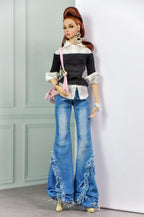 MODERN SENSUAL |Casual Chic Denim Set for 1/6 Doll Clothes – Layered Off Shoulder Top & Wide Leg Distressed Jeans – Plastik Tiara